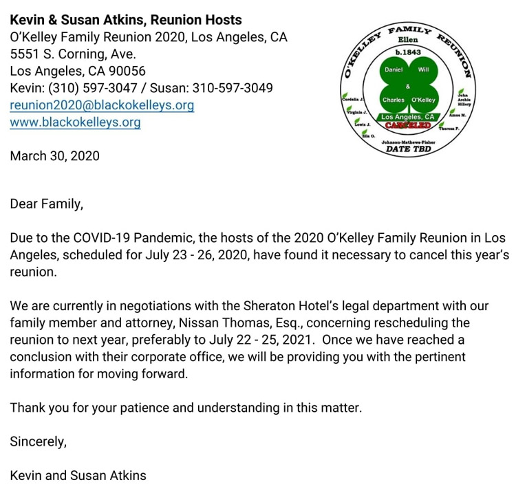 O'Kelley Reunion Email Update 03-30-20